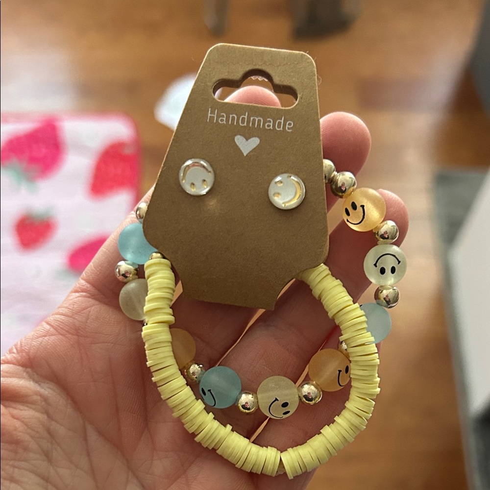 Handmade Yellow Smile Bead Stretch Bracelet - Happy Face Accent